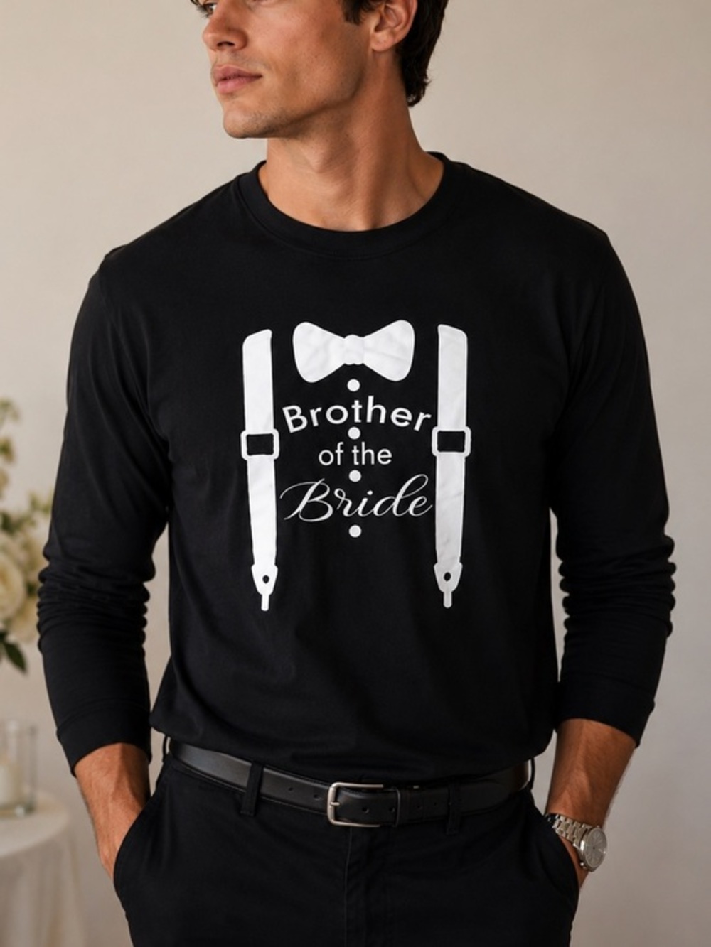 Brother of the Bride Long Sleeve Graphic Shirt Black and White Wedding Party S